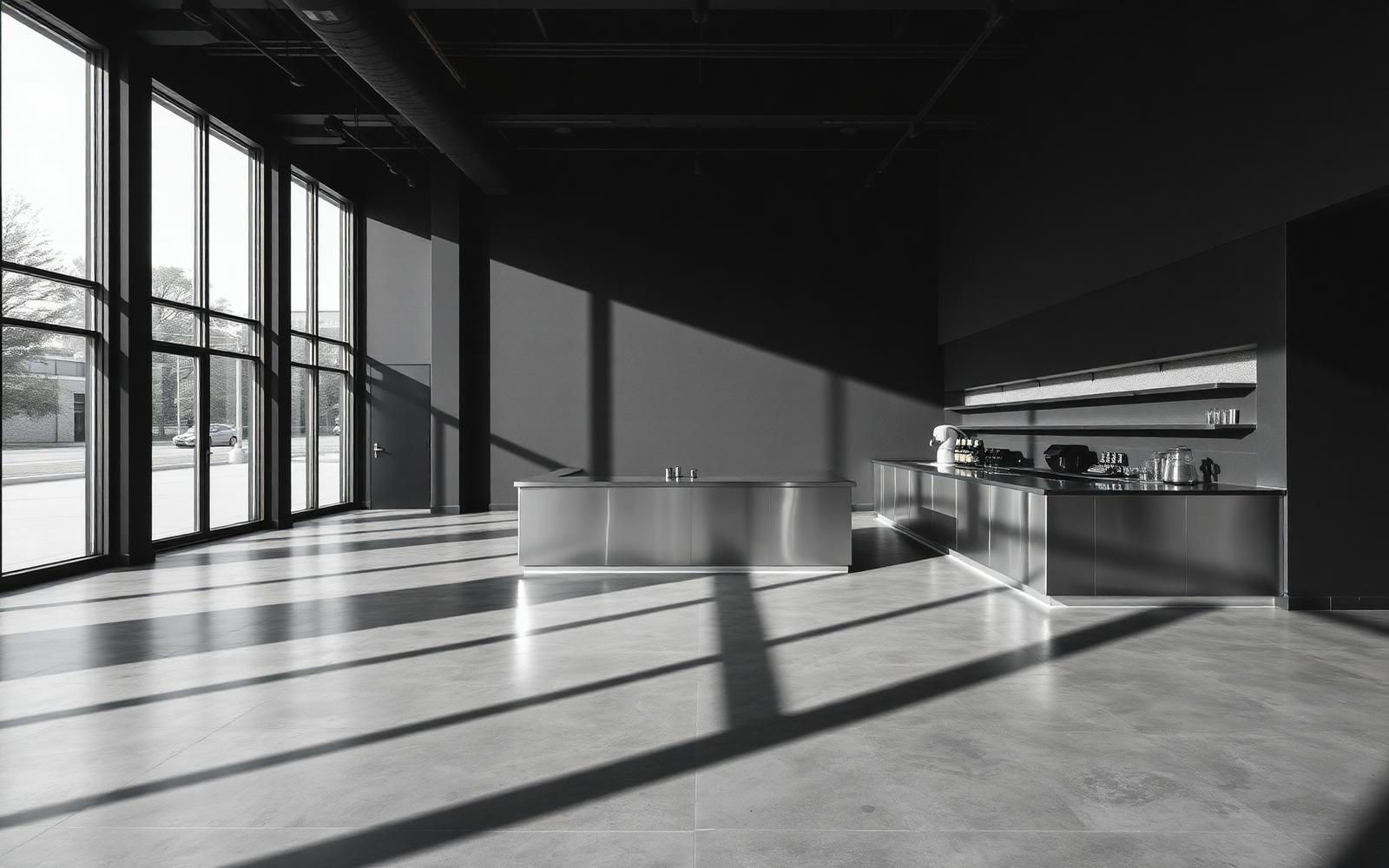 OXEN coffee bar interior with a stainless steel counter