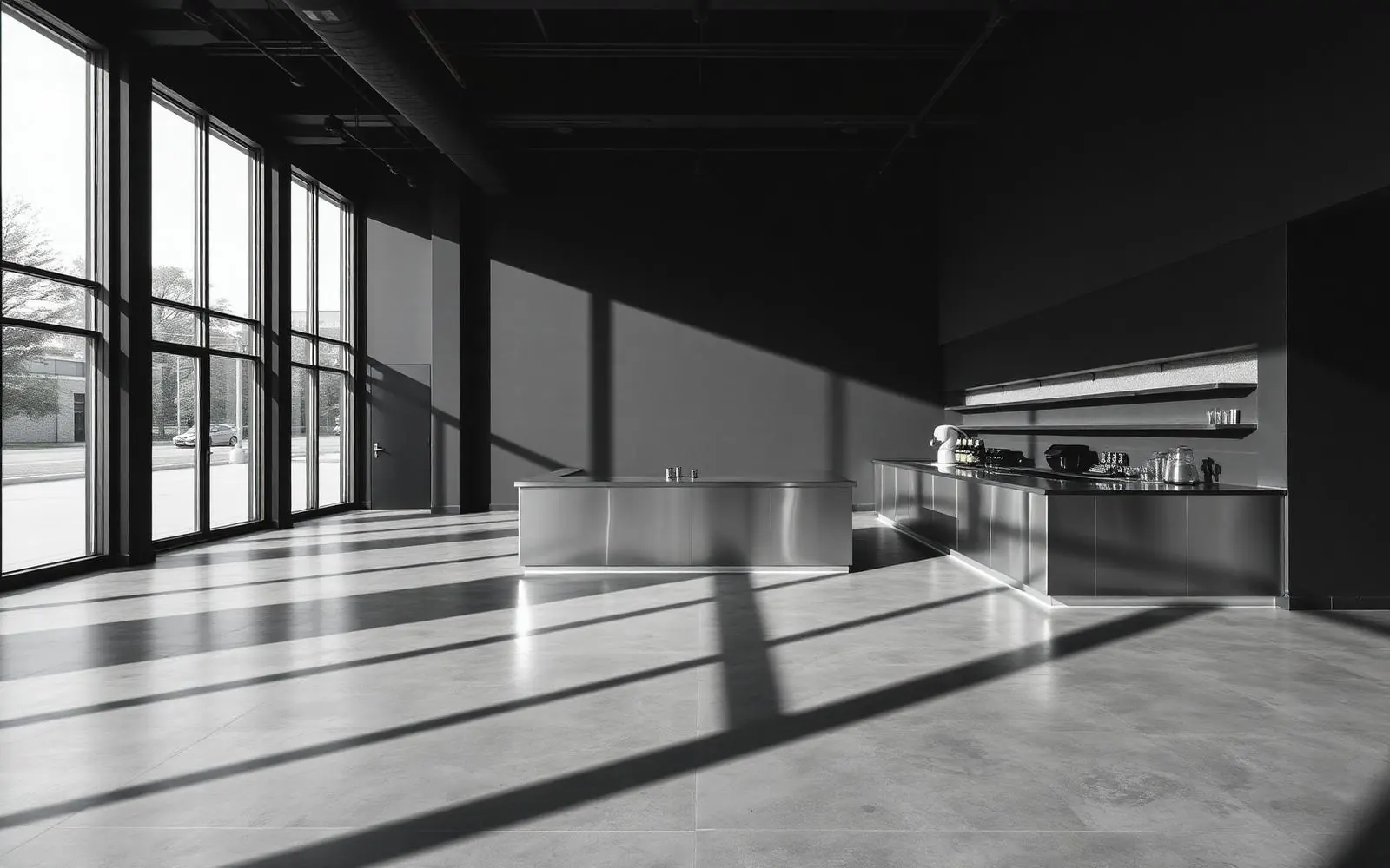 OXEN coffee bar interior with a stainless steel counter